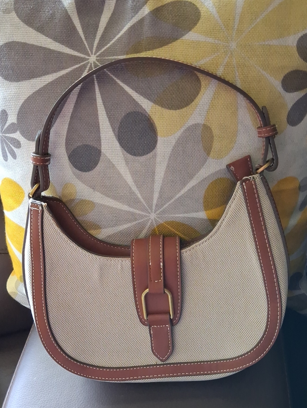 Mango Beige Canvas Shoulder Bag with Brown Trim